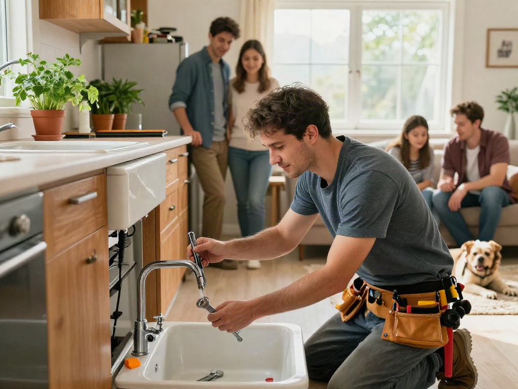home repair services Des Moines Iowa showcased as a handyman fixes a faucet in a warm living room.