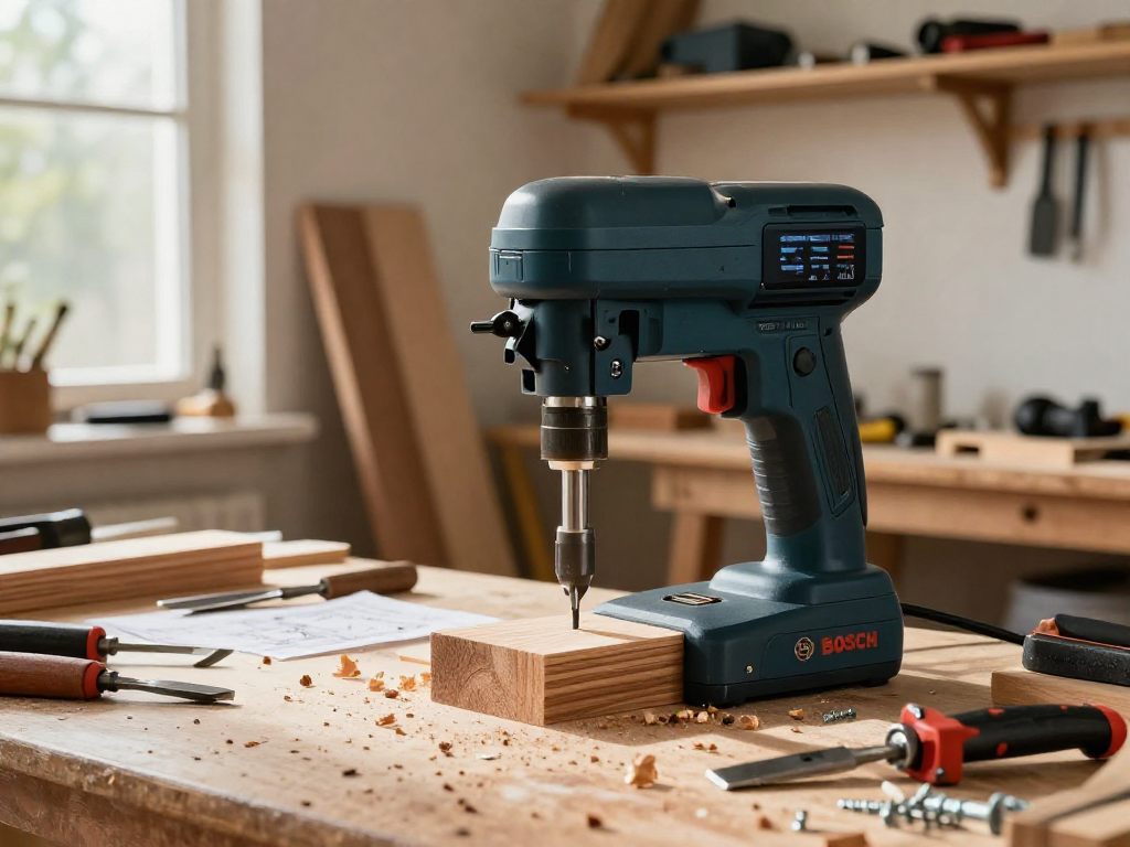 Woodworker using Bosch PBD 40 drill press in a workshop, showcasing precision and advanced features in a creative environment.