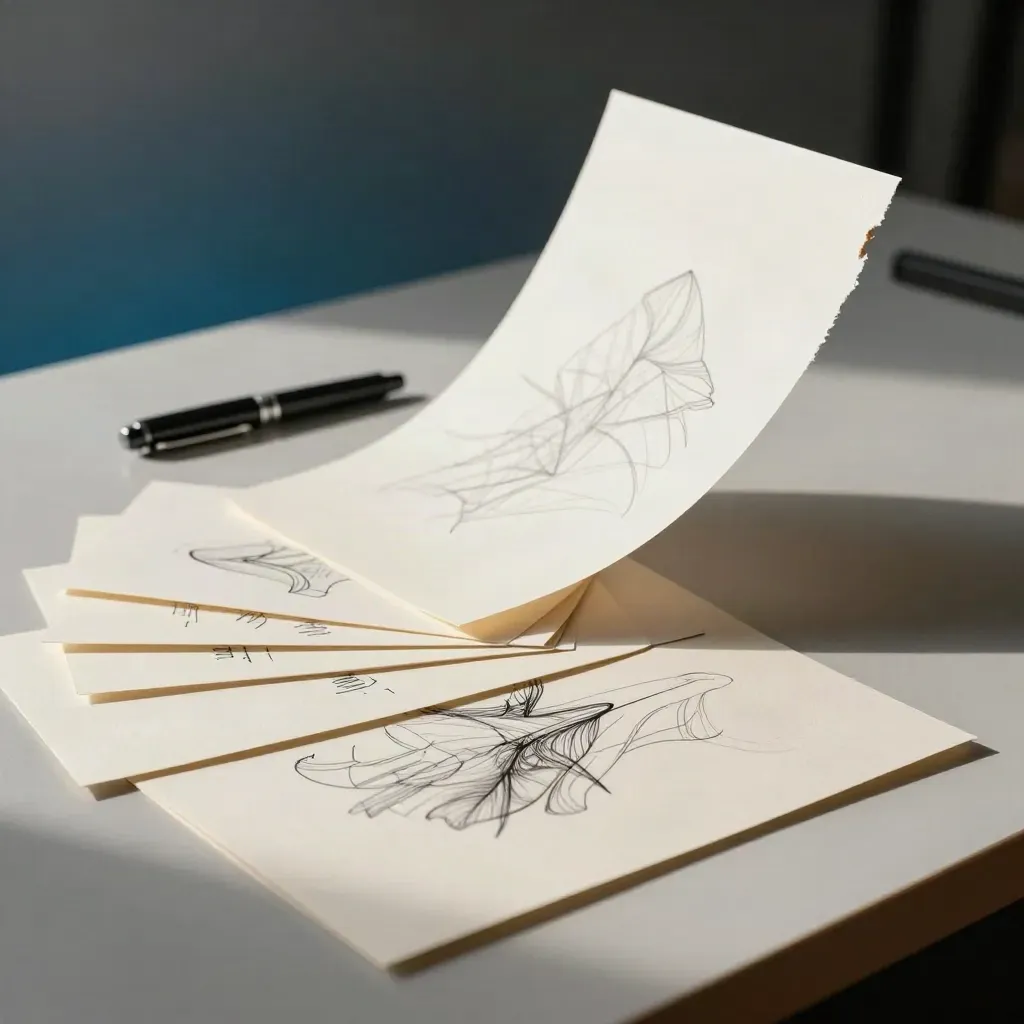Sketch cards and vellum flutter across a drafting table in a modern line-art studio.