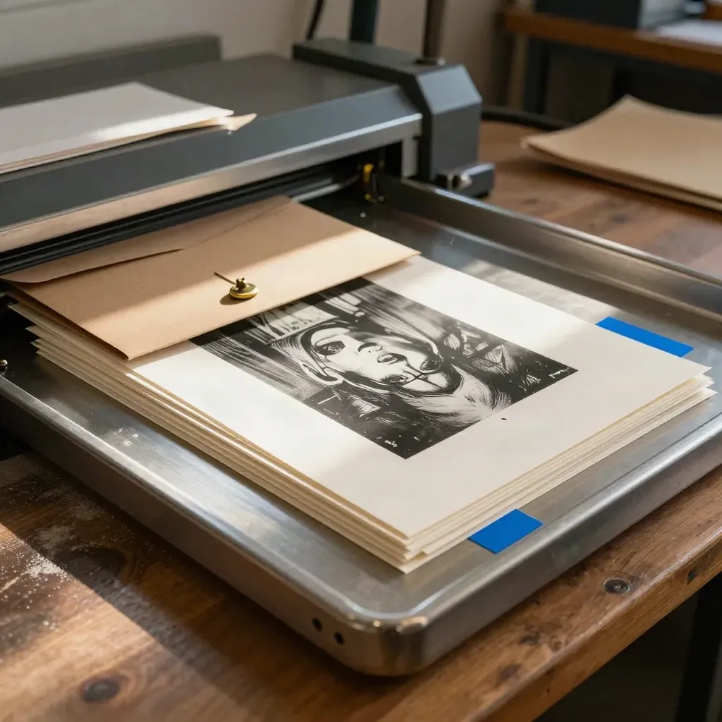 Print tray with line-portrait proofs fanning out beside a kraft mailer in warm light.