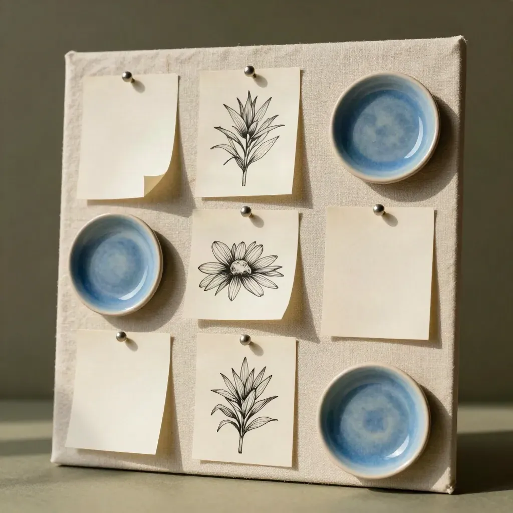 Spot-art studies pinned to a board beside blank page dummies and a cobalt ceramic dish.