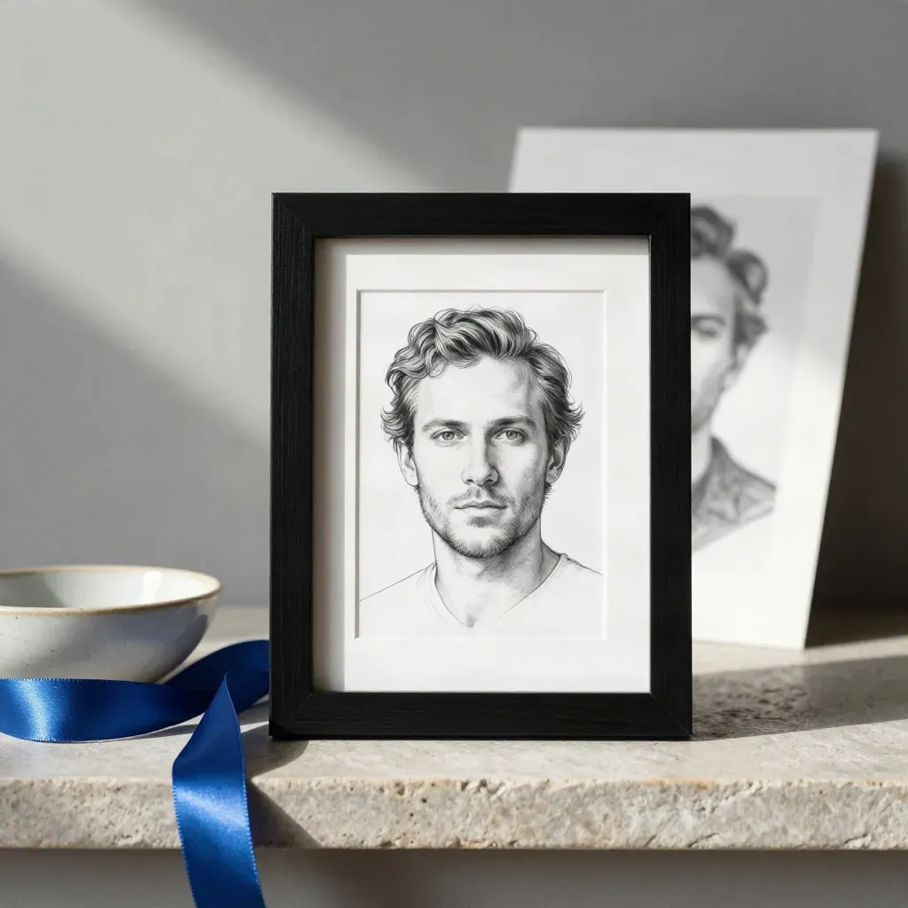 Framed line portrait gift on stone shelf with ribbon coil and ceramic bowl